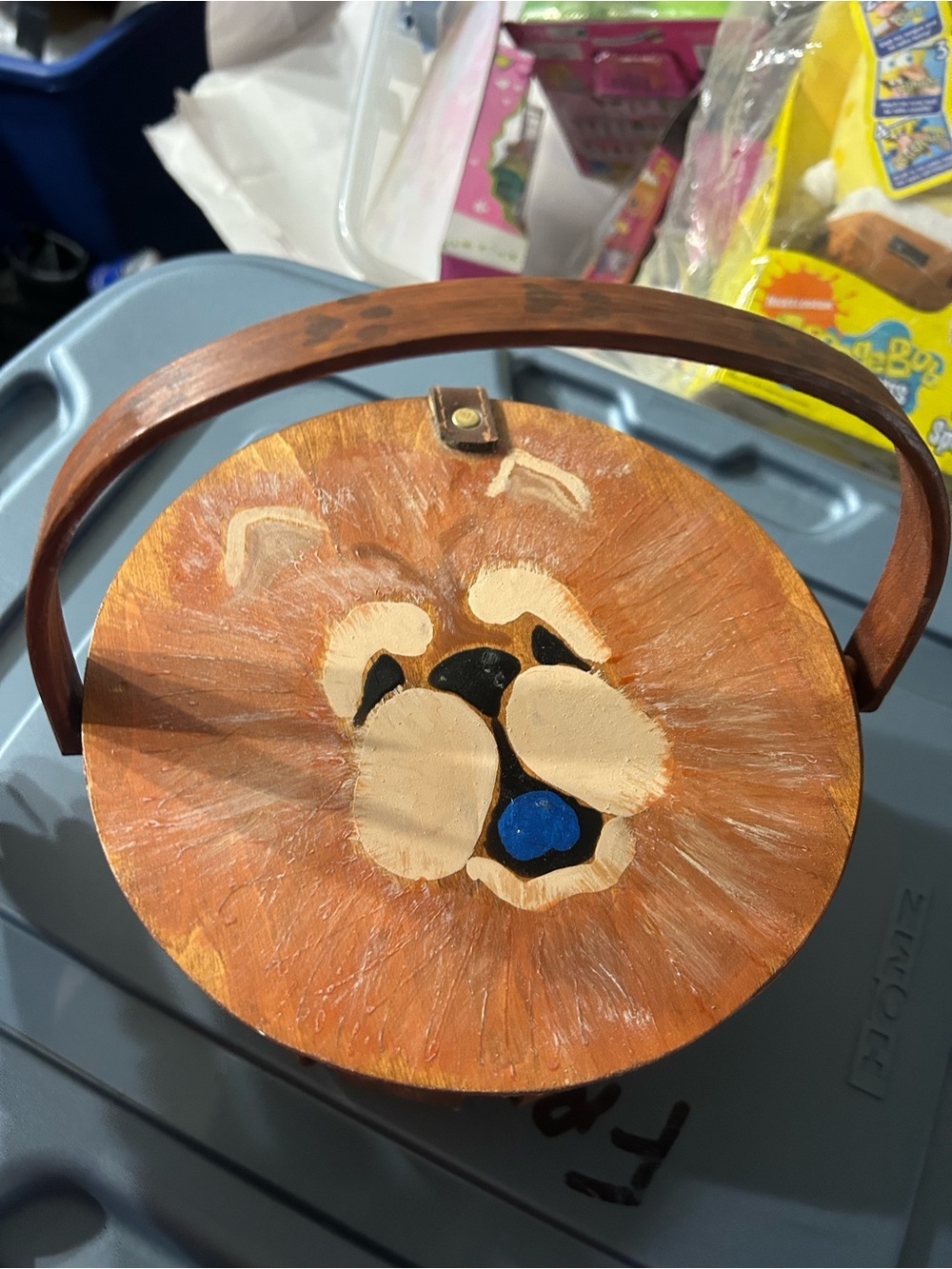 Hand-Painted Wooden Lion Basket - Orange & Cream